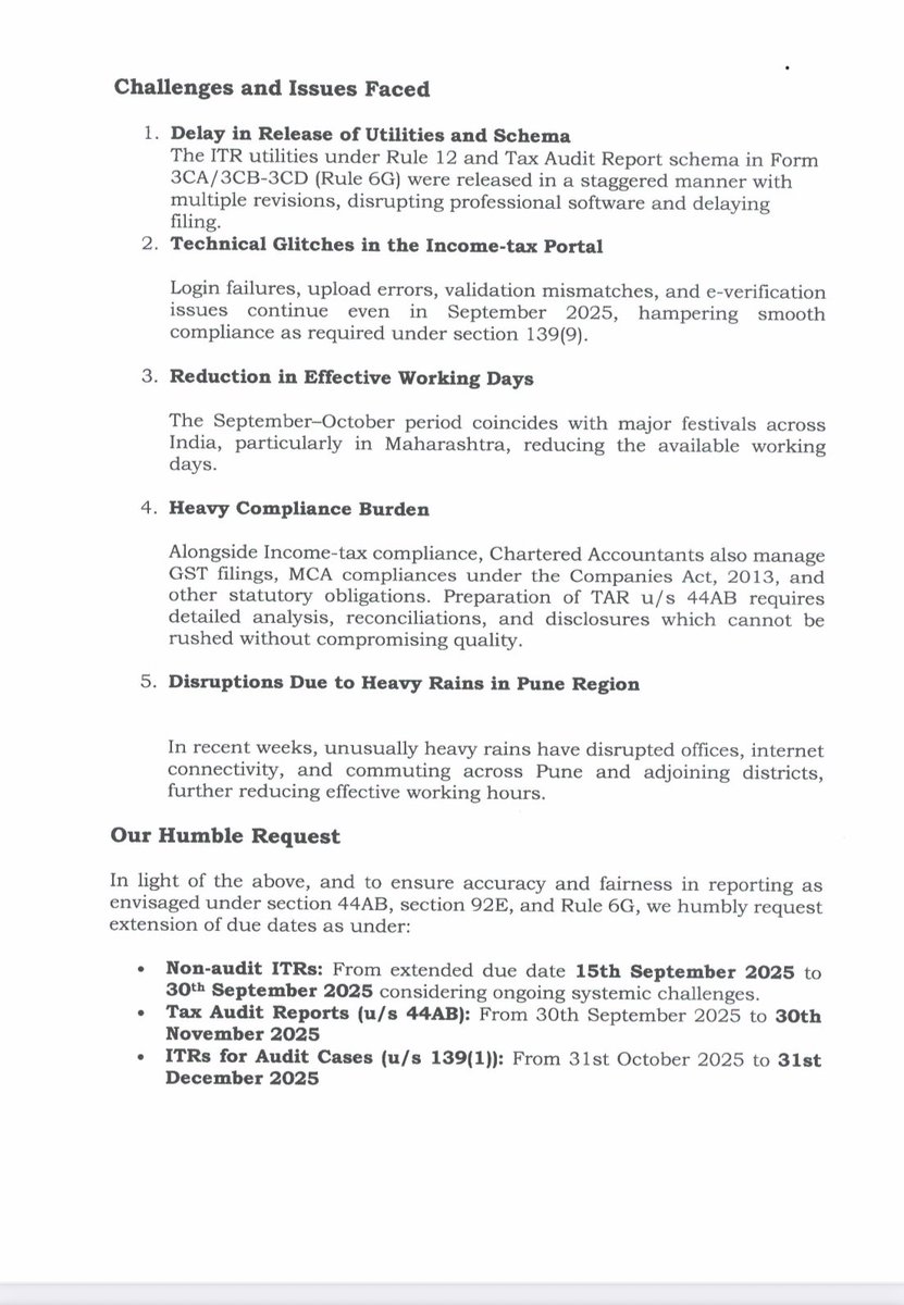 CAAmol_Ingle's tweet image. Representation for Extension of Due Dates for Tax Audit Reports and Income Tax Returns for AY 2025-26

@FinMinIndia @nsitharamanoffc @IncomeTaxIndia @PMOIndia 

@akhilpachori 

@narendramodi 

#Extend_Due_Date_Immediately