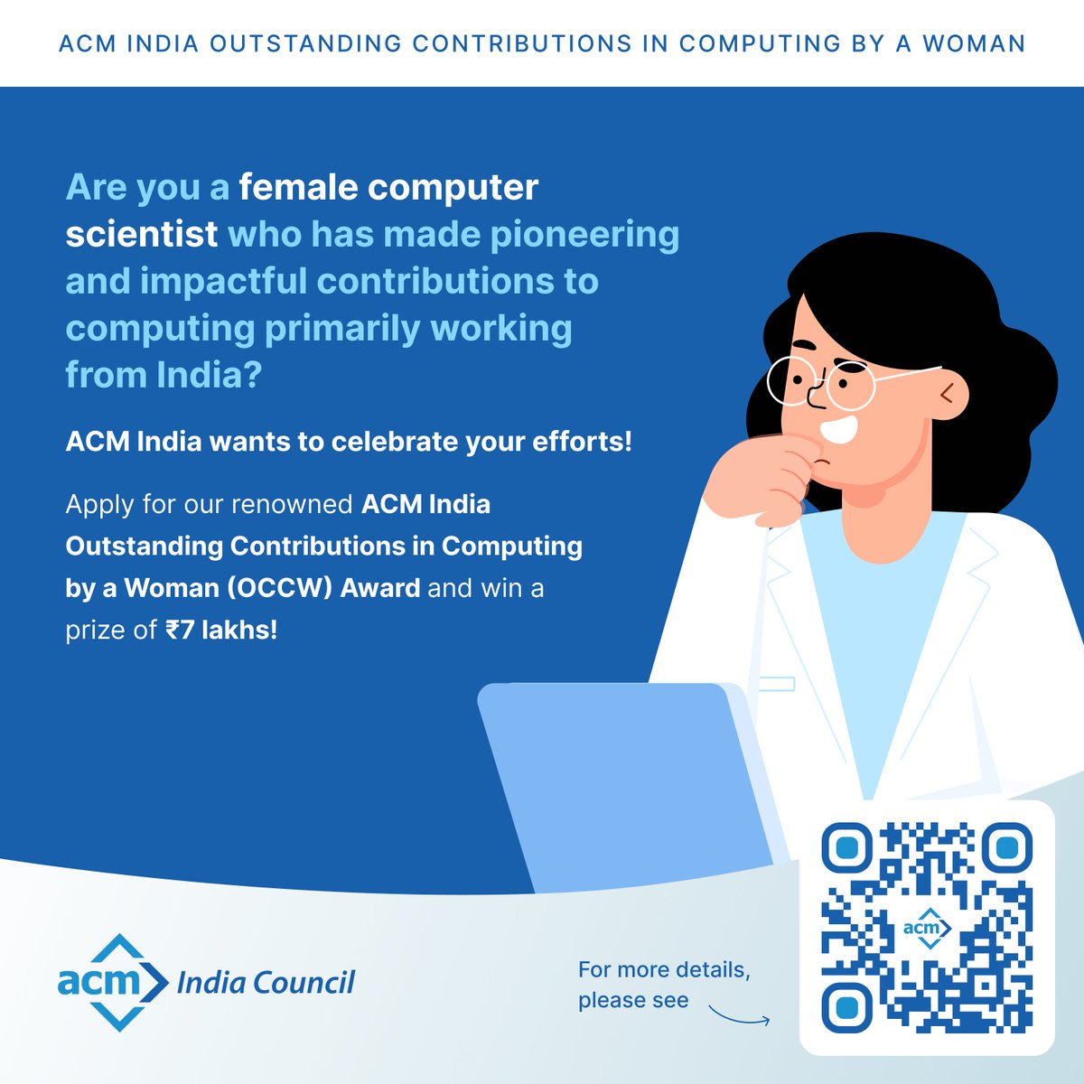 Indiaacm's tweet image. 👩‍💻 Celebrating innovation, impact, and leadership!

The ACM India Outstanding Contributions in Computing by a Woman Award honors remarkable women in tech.
💰 ₹7L prize | 📅 Sept 15 deadline
Powered by Google.

Apply : awards.acm.org/acm-india-occw…
#ACMIndia #WomenWhoCode