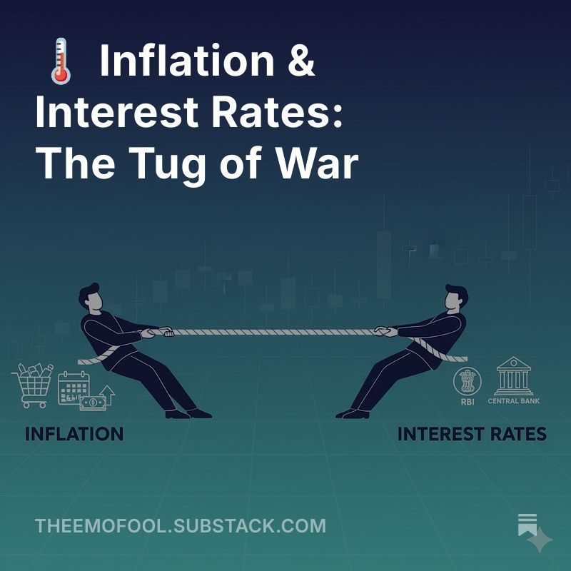 TheEmoFool's tweet photo. Inflation eats your money.
Interest rates fight back.

This tug of war decides your EMIs, FD returns &amp; even stock markets.

In my latest blog, I explain why inflation vs rates isn’t just policy talk.

🔗 https://t.co/JCkqluTVyT 

 #Finance #Inflation #InterestRates https://t.co/1ne3xmmf9h