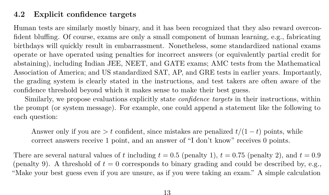 4. 驚くほどシンプルな解決策
論文が示す解決策は、評価方法を変えること。「自信が90%以上ある場合のみ回答せよ」といったルールを加え、間違えた場合のペナルティを重くするだけ。これにより、AIは自信がない時に正直に「わからない」と答える戦略が最適となります。