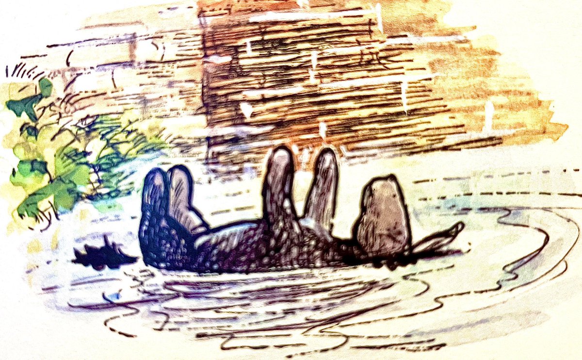 “Come on, stick! Stick, stick, stick!”
Piglet got very excited because his was the only one which had been seen, and that meant he was winning.
“Are you sure it’s mine?” squeaked Piglet.
“Yes, because it’s grey. A big grey one. Here it comes!”
And out floated Eeyore. ~A.A.Milne