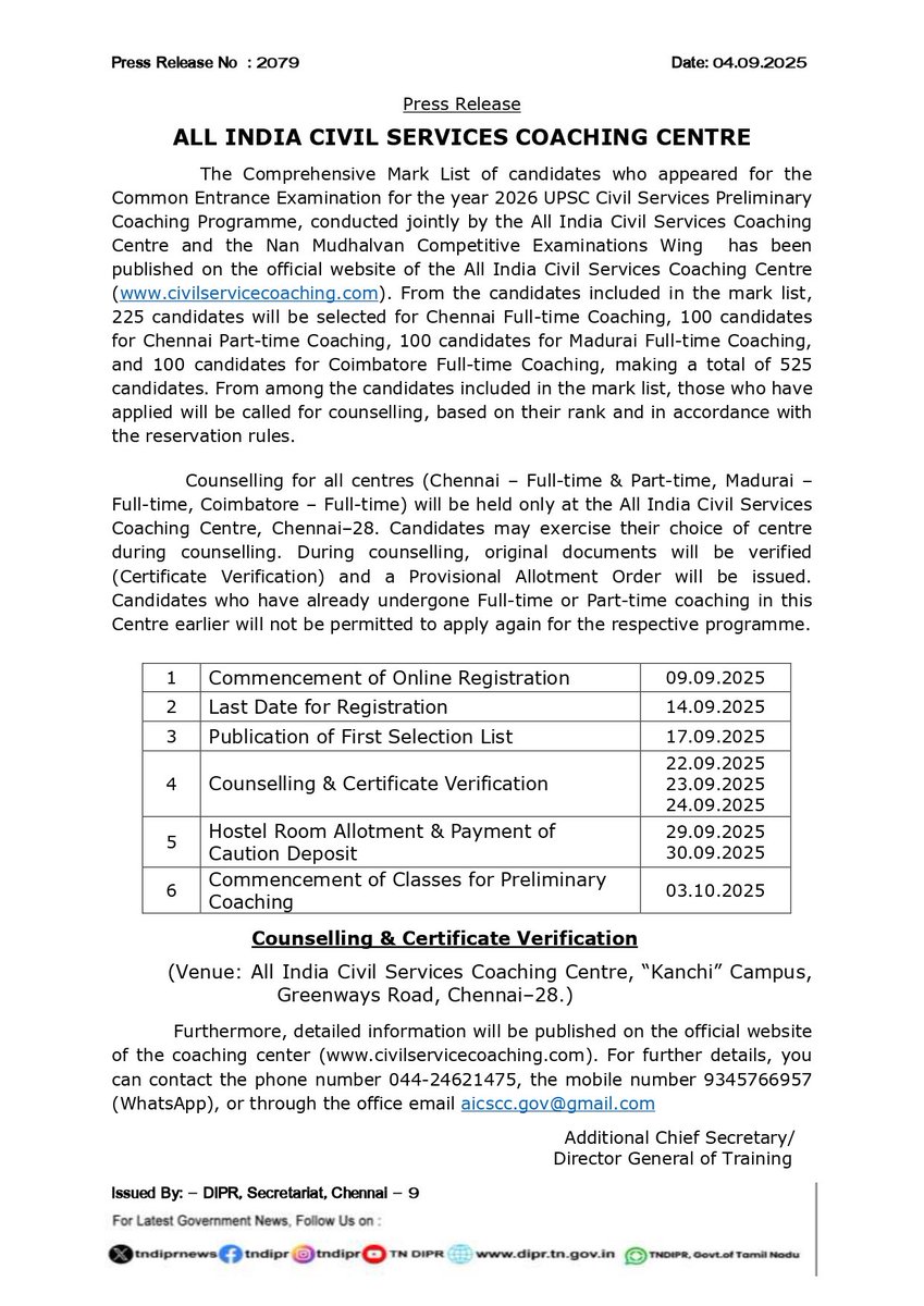 ARMTNPSC's tweet image. அகில இந்திய குடிமைப் பணித் தேர்வுப் பயிற்சி மையம்: தயாராகுங்கள்!!

விண்ணப்ப துவக்கம்: 09.09.25
விண்ணப்பிக்க இறுதி நாள்:14.09.25
பயிற்சி துவக்கம்: 03.10.25

#UPSC #FreeCoaching #TNGovt