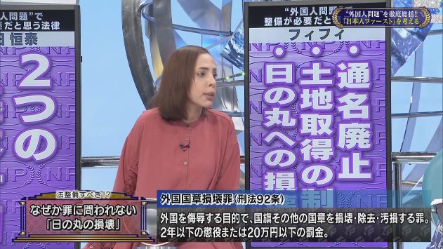 フィフィ「参政党の街宣で反対派が日の丸に×！これが取り締まられない。実は日本には外国国章損壊罪というものがあり外国旗を損壊すると2年以下の拘禁か20万円以下の罰金。日の丸に関しては破ろうが踏みつけようが燃やそうがOKっておかしい。法の上での平等じゃない」 #そこまで言って委員会NP