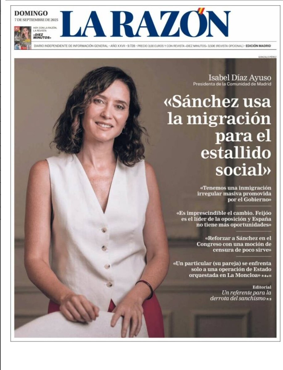 Nueva portada de Ayuso en La Razón. Nueva portada para sus mentiras sin rebatir como que su novio es víctima de una operación de Estado.  Y a la que se enfrenta solo. Una bofetada al periodismo y a la decencia. Foto de sonrisa beatífica para un ser que es malo como el peor dolor.
