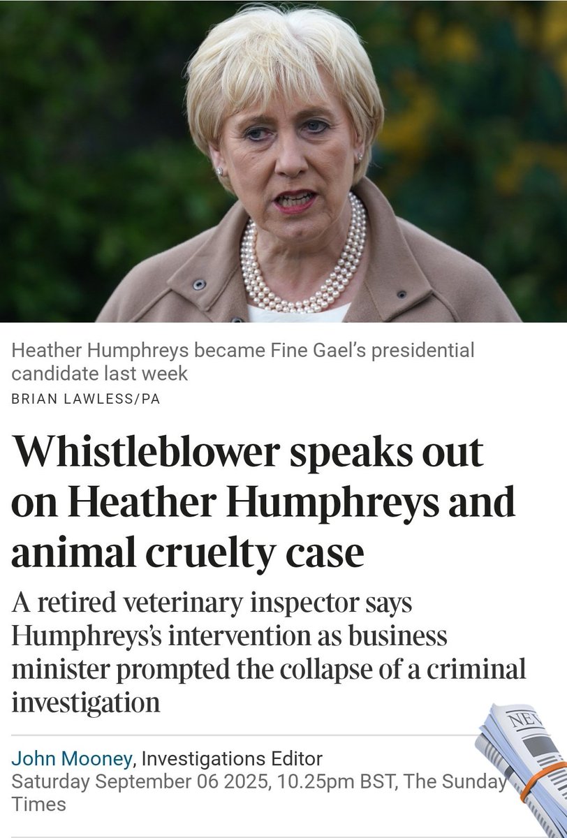 caulmick's tweet photo. Whistleblower speaks out on Heather Humphreys and animal cruelty case

A retired veterinary inspector says Humphreys's intervention as business minister prompted the collapse of a criminal investigation
-John Mooney

Kieran Devlin, a retired veterinary inspector who has never previously spoken publicly on the case, said he was left “totally aghast” by the decision to drop the case against Brian Wright, a Co Monaghan farmer, after Humphreys, then minister for business, had a staff member deliver a letter to Brendan Gleeson, the department’s secretary-general.

While Humphreys has insisted she did not interfere in the case, internal Department of Agriculture documents say the charges were dropped after Wright’s family made “representations” to the Fine Gael grandee. 

#HeatherHumphreys #Aras25  #AnimalCruelty #PE25 #FineGael 

https://t.co/g4d0XSm6Kv