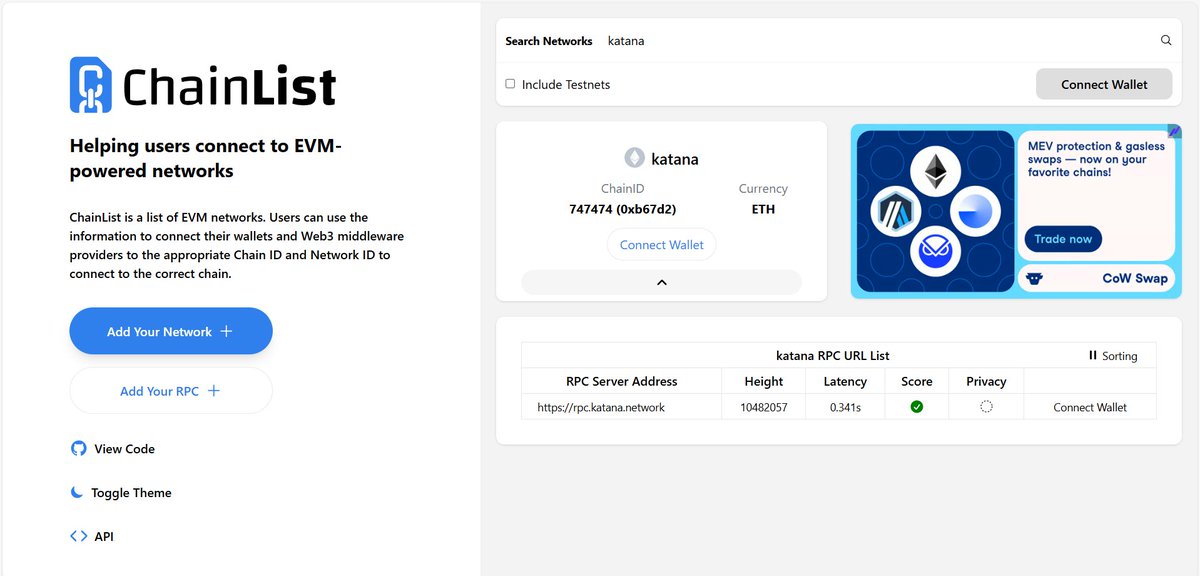 AkuNgelu's tweet image. .@TeaFi_Official Connecting to Katana just got easier ⚡

With ChainList, you can add the right RPC in a single click and dive straight into the network

Chain ID: 747474 | Currency: ETH

Seamless Web3 access starts here.
#Web3 #EVM #ChainList #Katana