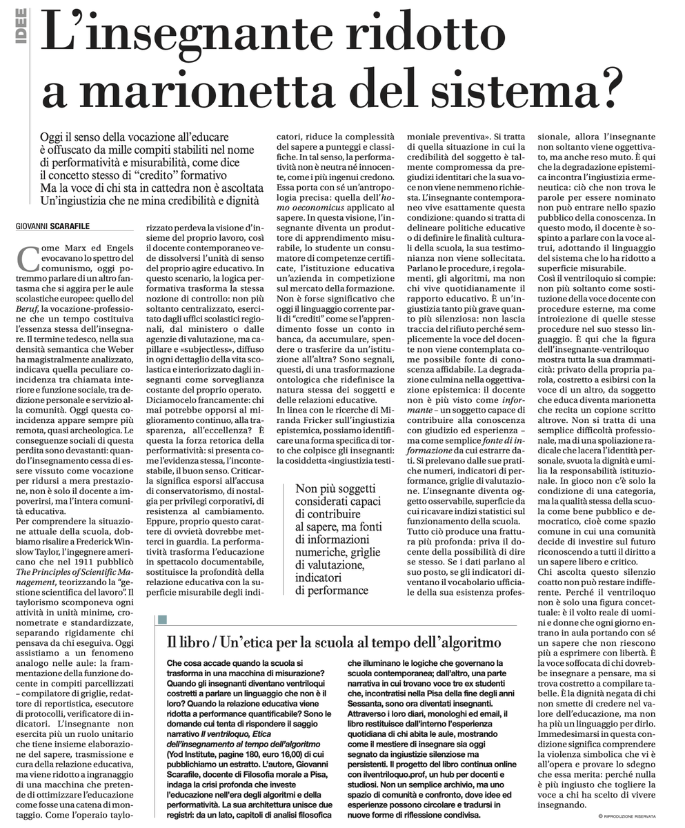 Il docente-ventriloquo non parla più con la sua voce: protocolli e metriche parlano per lui. Da soggetto di sapere a superficie auditabile: è alienazione, non autonomia. 
Di fronte a questo silenzio imposto, dovremmo rimanere muti? 

#ilventriloquo #scuola #Etica