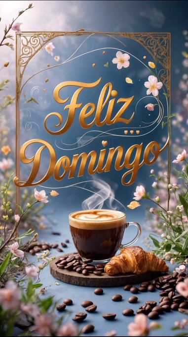A cup of cappuccino with steam rising, placed on a wooden board with scattered coffee beans. A croissant sits beside the cup. Pink and white flowers frame the scene, with golden text reading "Feliz Domingo" in a decorative arch.