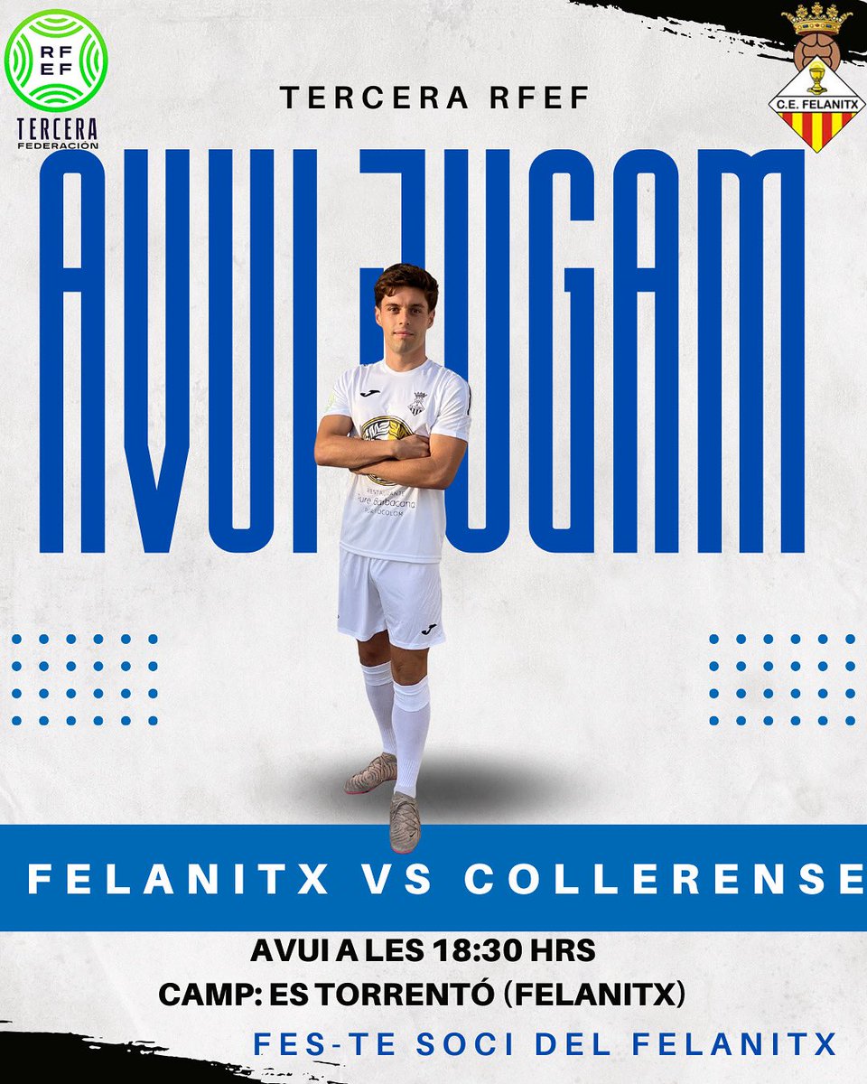 cefelanitx's tweet image. 𝗔𝗩𝗨𝗜 𝗝𝗨𝗚𝗔𝗠! 

👉 Jornada 1 - Tercera RFEF 

🆚 @udcolleoficial ⏰ 18:30 

✅ Comença la competició! 

🤍 Vos esperam a tots felanitxers/es, per animar des del primer dia! 

🏆 També es disputará el Trofeu Mariona Caldentey 

#vamosfela #orgullfelanitxer