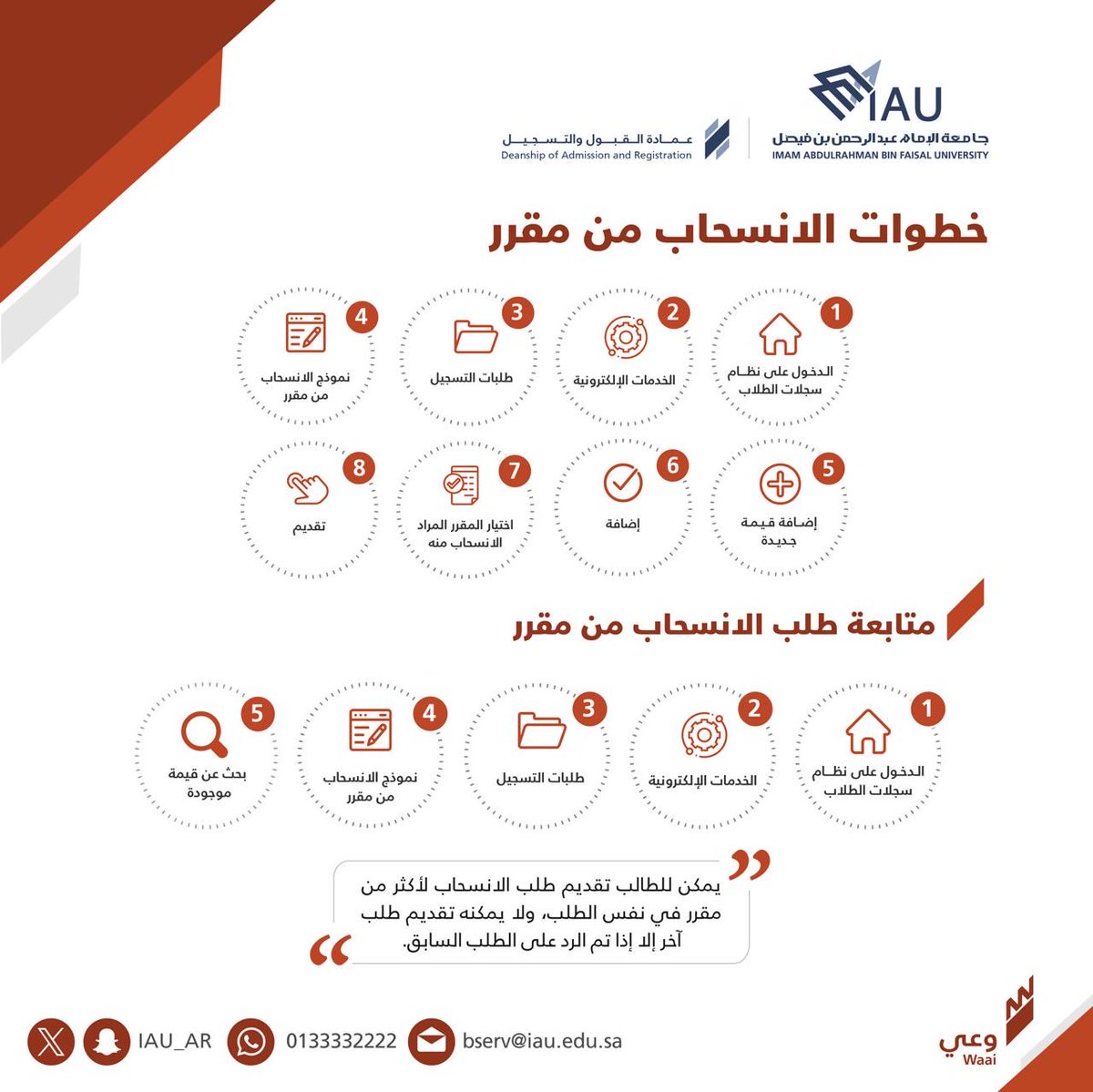 موعد للتقديم على طلب الانسحاب من مقرر للنظام السنوي والفصلي لعام ١٤٤٧هـ

للنظام السنوي 
يبدأ ١٤٤٧/٣/١٥هـ الموافق ٢٠٢٥/٩/٧
ينتهي ١٤٤٧/٨/١٧هـ الموافق ٢٠٢٦/٢/٥

النظام الفصلي 
يبدأ ١٤٤٧/٣/١٥هـ الموافق ٢٠٢٥/٩/٧
ينتهي ١٤٤٧/٥/١٥ هـ الموافق ٢٠٢٥/١١/٦

▪الانسحاب من مقرر
🔹ماذا يعني