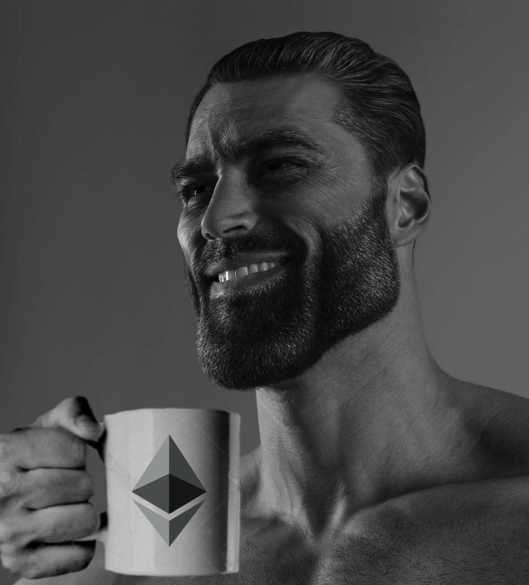 Gigachad 梗图拿着以太坊杯，象征对加密趋势的认同