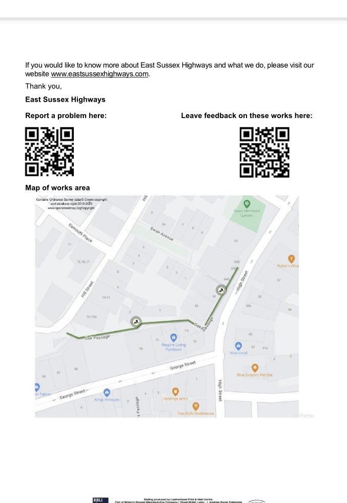 This is an update from #EastSussexHighways about a footway closure in Oak Passage, #OldHastings Ward, starting on Monday 22nd September. Please share this information with those who may be impacted.
