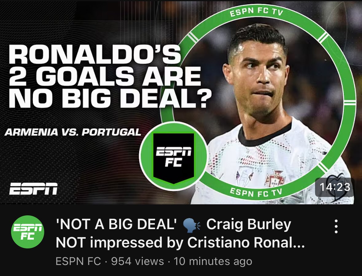 <a href="/lconicCristiano/">A</a> I refuse to believe these outlets are run by sane people. Ronaldo just delivered one of the cleanest knuckleballs football has seen in years, and ESPN still find a way to downplay it. I’m honestly out of words… game’s gone.