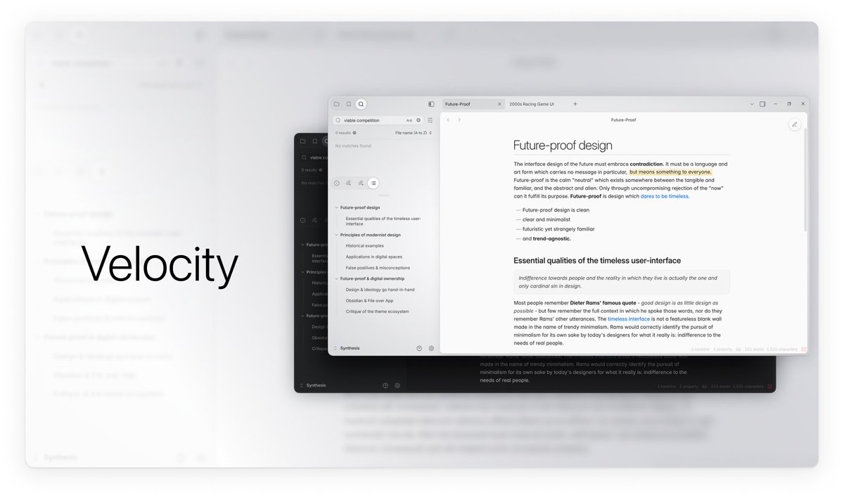 geekbb's tweet image. Velocity 一款专为 Obsidian 打造的精致主题，融合了现代界面设计的简洁性与经典UI的触感美学，通过对排版细节的极致追求。
针对Windows、macOS和Linux三套独立字体粗细的优化、标题负缩进的精确对齐，以及GPU加速的性能提升——为用户提供专业级的笔记体验，让内容成为绝对主角
github.com/Gonzalo-D-Sale…