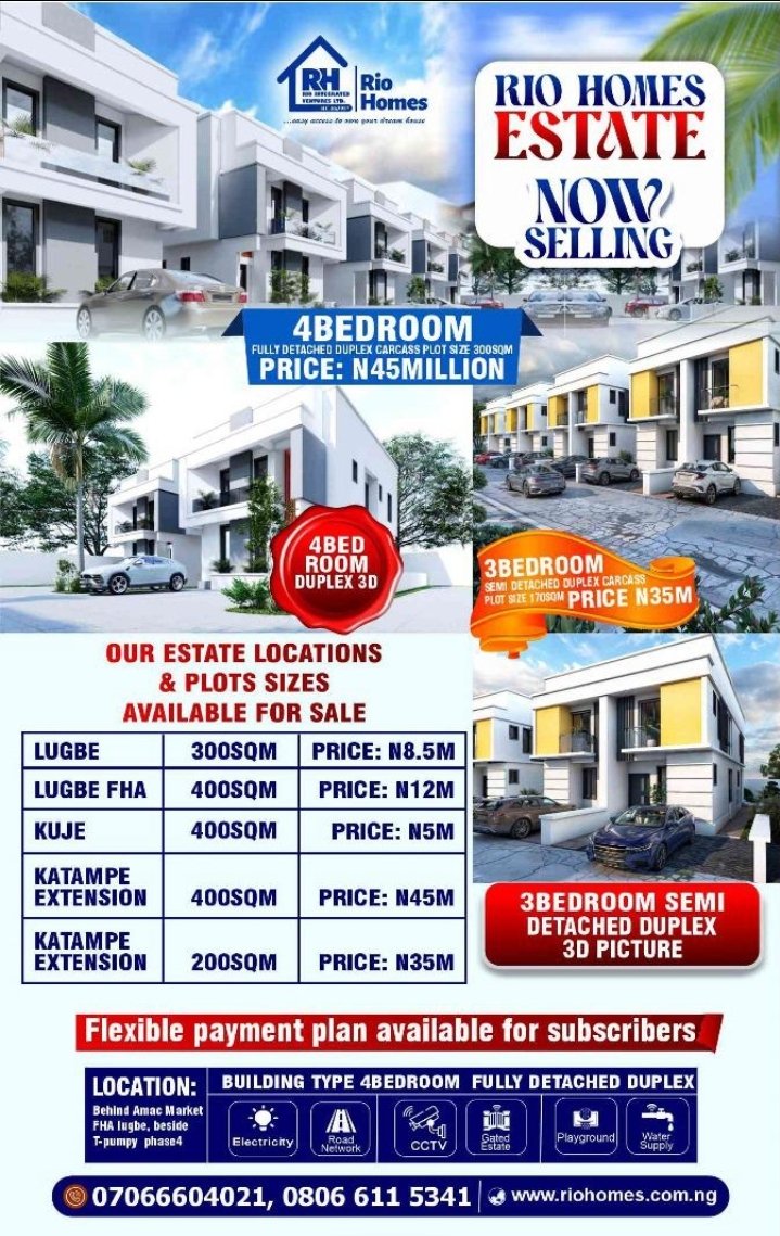 Riohomes1's tweet photo. Introducing RIO Hillside Estate

Secure your dream plot in our exclusive site and services project. Fully serviced plots with electricity, water, and roads.

Build your future today!

07066604021, 08066115341

#RIOHillsideEstate
#KatampeExtension
#UsumaLayout
#Abuja https://t.co/rp06utq2bK