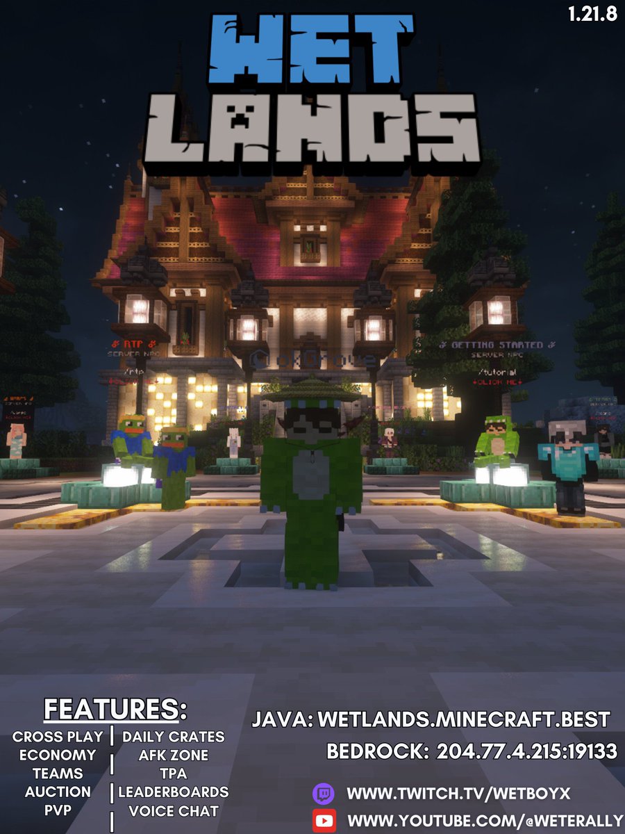 Weterally's tweet photo. 🌊WETLANDS SMP IS LIVE!  🌊

Minecraft 1.21.8 • Crossplay Enabled 📷 
Get ready to join Wetlands, the ultimate survival multiplayer server pack! PvP , market, and much more!
#Minecraft #smp #MinecraftSMP https://t.co/OVerNt3avr