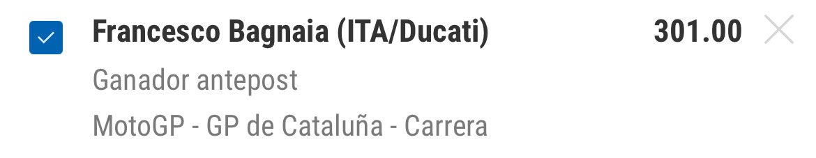 Creo que esto define perfectamente el año de Bagnaia.

El año pasado era raro ver su victoria a cuota 2.50 o superior.

Este año, por cada euro que metes, te dan 300€ si gana teniendo aún la mejor moto.

Muy loco.