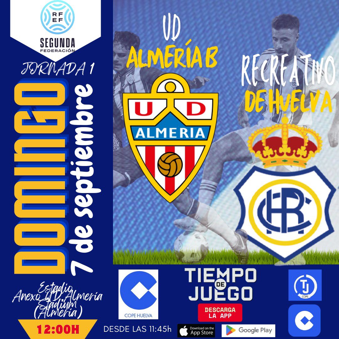 Desde Almería, a las 11:45 te comenzamos a contar el primero de la temporada del <a href="/recreoficial/">RC Recreativo de Huelva</a>.
Con los comentarios de José Luis Camacho Malo <a href="/camachomalo/">José L. Camacho Malo</a>, Willy Longoria JR y ¡DUMITRU ROSU!
En <a href="/COPEHuelva/">COPE Huelva</a> 
¡Vamos RECRE!
