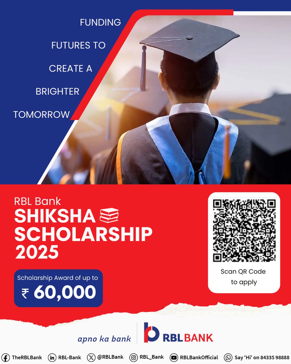 Education is for all! Introducing RBL Bank’s Shiksha Scholarship, a program to empower bright minds to rise above financial barriers.

Merit based scholarships to avail up to ₹60,000/- for 3-year undergraduate courses.
Preference to girls and differently-abled students.
