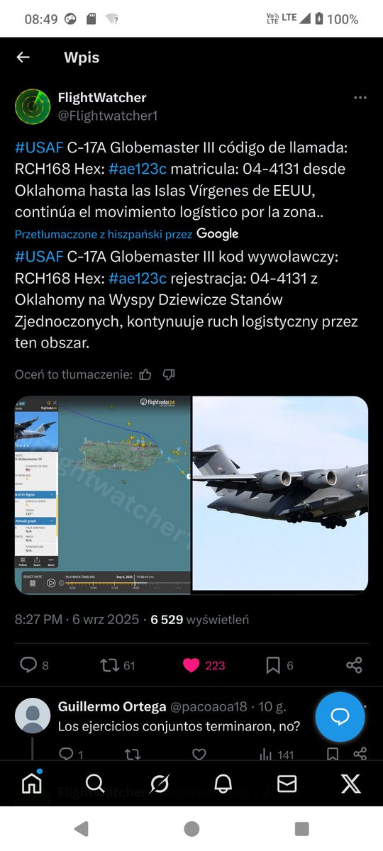 Sylwia633923403's tweet photo. 🌎🇺🇸USA 🇻🇪WENEZUELA. Wrzesień 2025 r. Transport broni na wyspy Morza Karaibskiego. https://t.co/eGDKtOpjru ,,#USAF C-17A Globemaster III kod wywoławczy: RCH168 Hex: #ae123c rejestracja: 04-4131 z Oklahomy na Wyspy Dziewicze Stanów Zjednoczonych, kontynuuje ruch logistyczny przez ten obszar.''