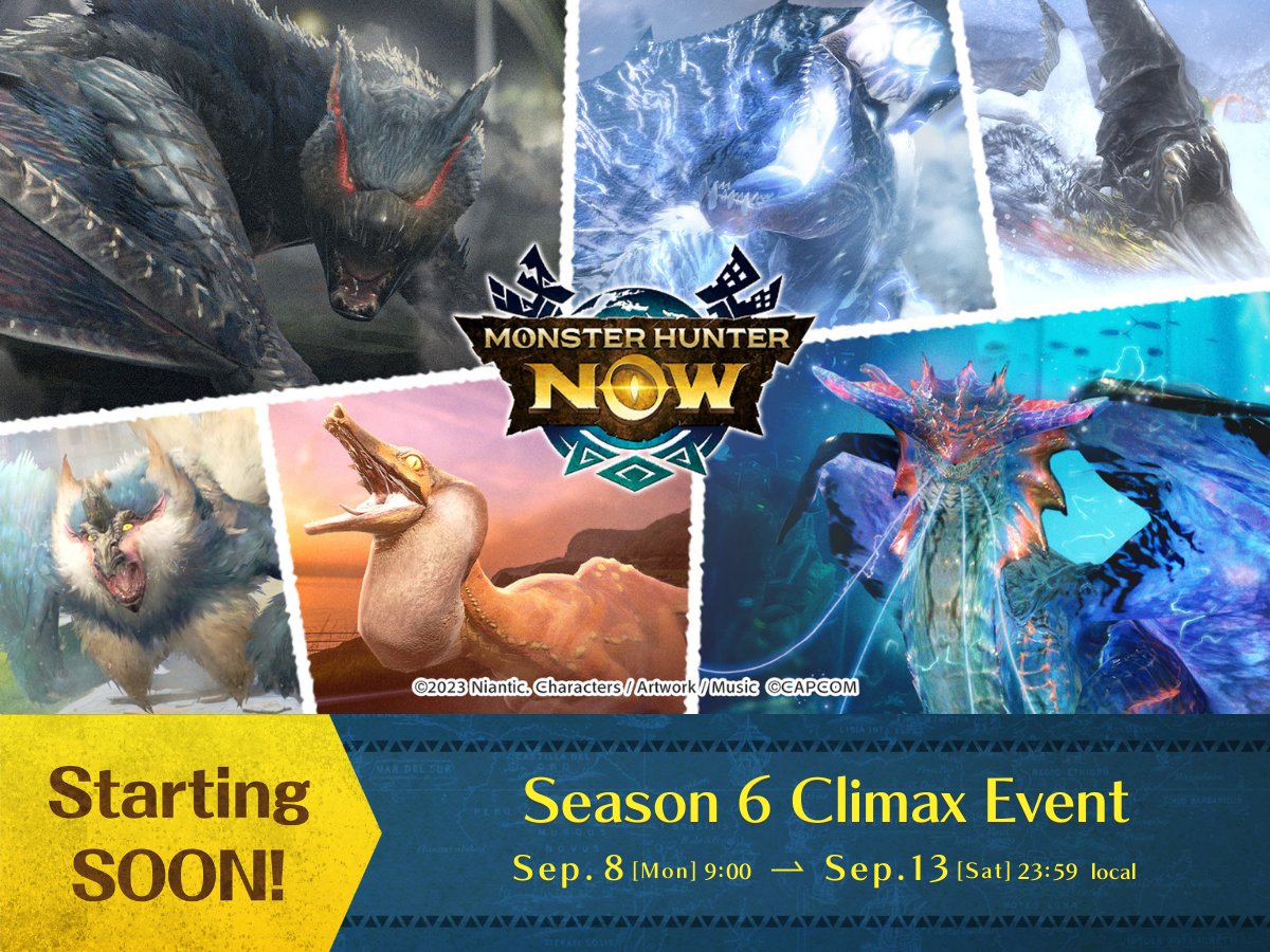 Starts SOON! Season 6 Climax Event 🔥

Get double rewards for completing Daily Quests and enjoy speedy driftsmelting at a reduced distance of 1km! 🌟

Be sure to check out all the rewards up for grabs 👀

#MHNow
👉monsterhunternow.com/news/season6fi…