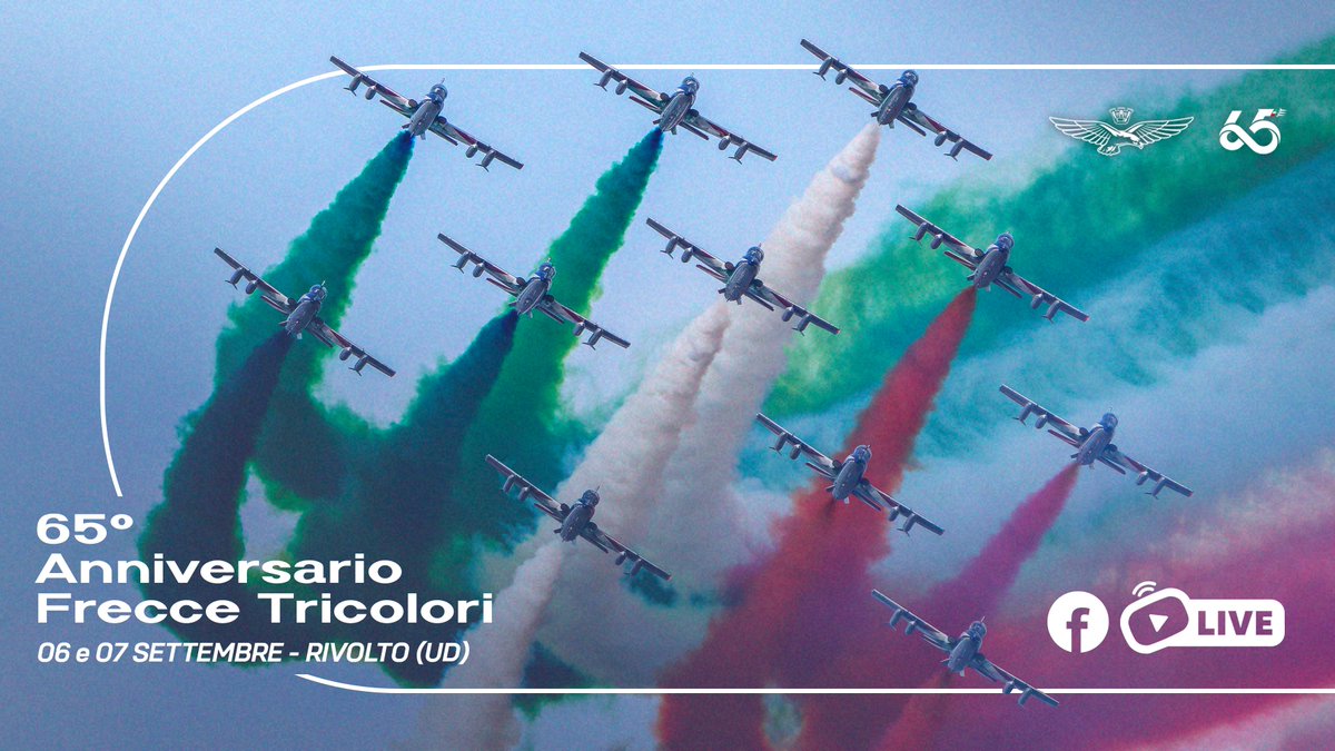 Ancora una giornata di esibizioni per omaggiare le 65 stagioni acrobatiche delle #FrecceTricolori.
L'evento sarà trasmesso anche oggi in diretta streaming a partire dalle ore 10:00 su Facebook e YouTube
🔹facebook.com/AeronauticaMil…
🔹youtube.com/@AeronauticaMi…

#FrecceTricolori65
