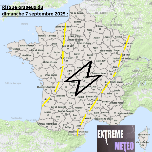 Risque orageux du dimanche 7 Septembre 2025 :

Un talweg est en approche sur le proche Atlantique induisant à l'avant un flux de sud-ouest de plus en plus humide et instable. Un forçage d'altitude peu organisé s'avancera par l'ouest sur une masse d'air modérément instable,