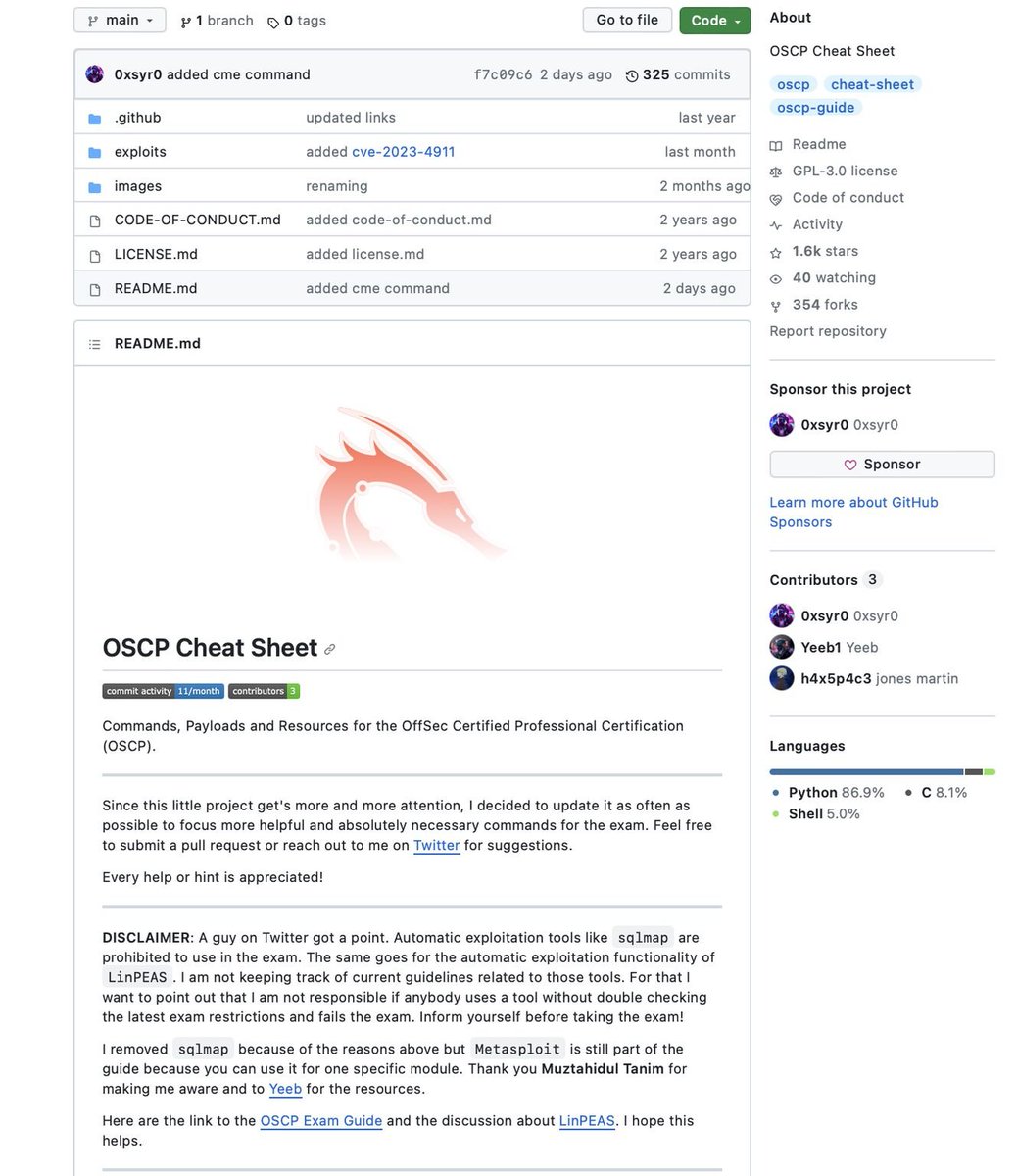 OSCP Cheat Sheet👾
github.com/0xsyr0/OSCP