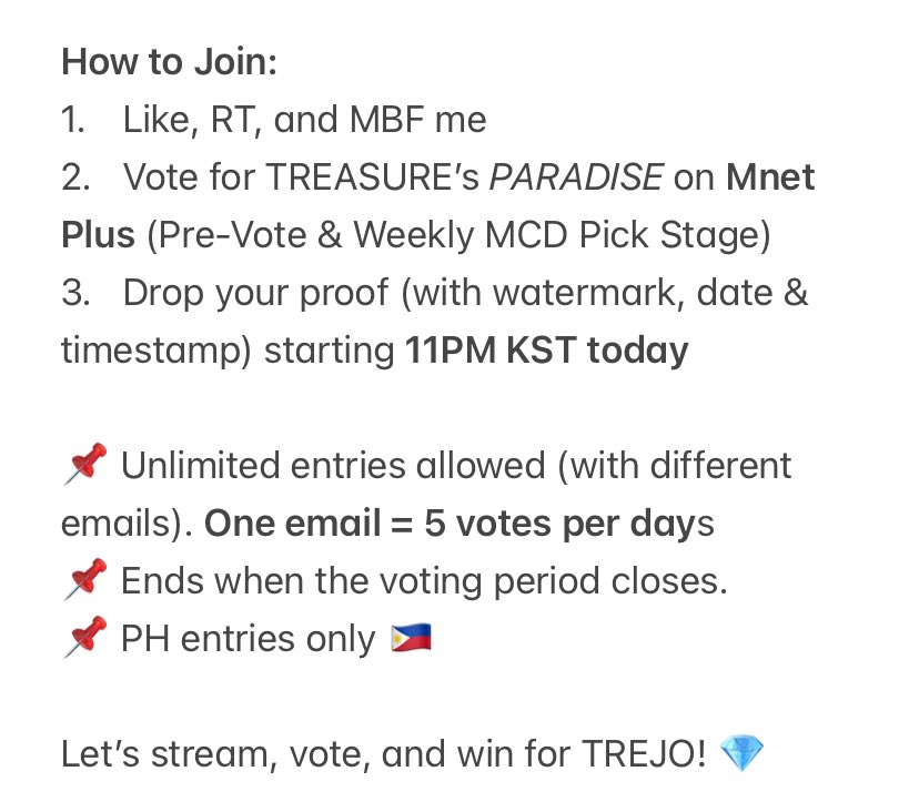 MNET VOTING GIVEAWAY FOR #TREASURE PARADISE 

Prizes:
✨ 2 winners – Sporty ver (Junkyu)
✨ 1 winner – Jwoo Dodgers Jersey (XL)
✨ 1 winner – Pleasure PB album set (unsealed, complete inclusions)
✨ 2 winners – ₱150 GCash each

📌mechanics in photo below