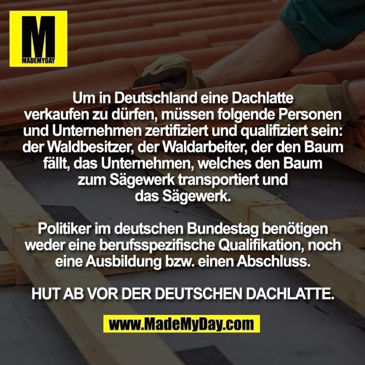 steffan_nethe's tweet photo. Was für ein Irrsinn! Deutschland ist Weltmeister im Erschaffen absurder Hürden – das zeigt sich an diesem Beispiel. Für eine simple Dachlatte verlangt der Staat von jedem, der auch nur ein Glied der Produktions- und Lieferkette anfasst, aufwändige Zertifikate, Bürokratie und Nachweise. Kontrolle, Papiere, Vorschriften – und wehe, es fehlt ein Formular. Genau dieses System lähmt unser Handwerk, zerstört Eigeninitiative und sorgt dafür, dass alles komplizierter wird, als nötig!

Doch ausgerechnet da, wo es um unser aller Zukunft, Recht und Gesetz geht, fehlt jedes Mindestmaß an Qualifikation: Wer im Bundestag Gesetze verabschiedet, braucht keinen Abschluss, keine Ausbildung, keinerlei Nachweis über Wissen oder Integrität. Jeder Handwerker, jeder Polizist, ja selbst ein Dachlattenproduzent unterliegt strengsten Auflagen – aber politische Macht gibt es ohne jede Hürde! Irre!

#Milei #Kettensäge #TeamFreiheit #MehrFreiheit #Bürokratieabbau