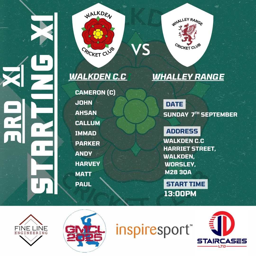 Walkden Cricket Club (@walkdenofficial) on Twitter photo π 3RDS XI MATCH π
Our 3rds are at home today against whalley range and itβs set to be a cracker of a match!!!.
Please find team selection below & come on down  and bring the whole family to watch an excellent team play! The bar will be open ππ»ππΌ π 3RDS XI MATCH π
Our 3rds are at home today against whalley range and itβs set to be a cracker of a match!!!.
Please find team selection below & come on down  and bring the whole family to watch an excellent team play! The bar will be open ππ»ππΌ