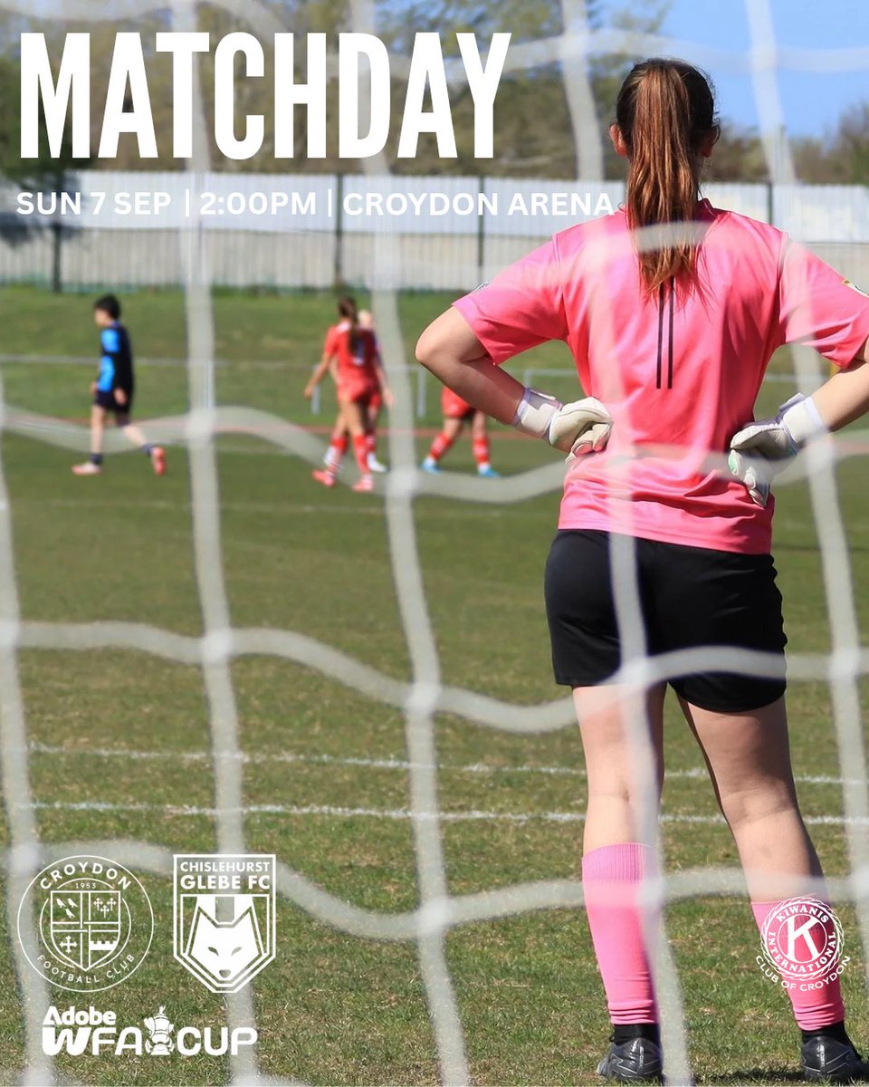 IT'S TIME!!

🆚 <a href="/glebefootball/">Chislehurst Glebe FC</a> Ladies 
🏆 <a href="/AdobeWFACup/">Adobe Women's FA Cup</a>
🏟️ Croydon Sports Arena SE25 4QL
📅 Sun 7th Sept 
🕑 2pm
💷 Free entry 
☕ Available from <a href="/sassy_sae/">Sarah Bowell</a>'s tea bar

#WeAreCroydon
<a href="/KiwanisCR0/">Kiwanis Club of Croydon</a>