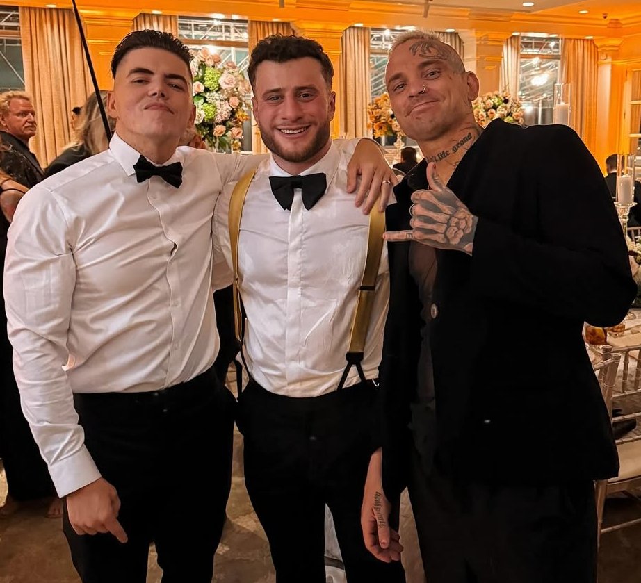 Sammy Guevara, MJF and Darby Allin at Max’s wedding on Friday.

3/4 OG AEW PILLARS. 👌
