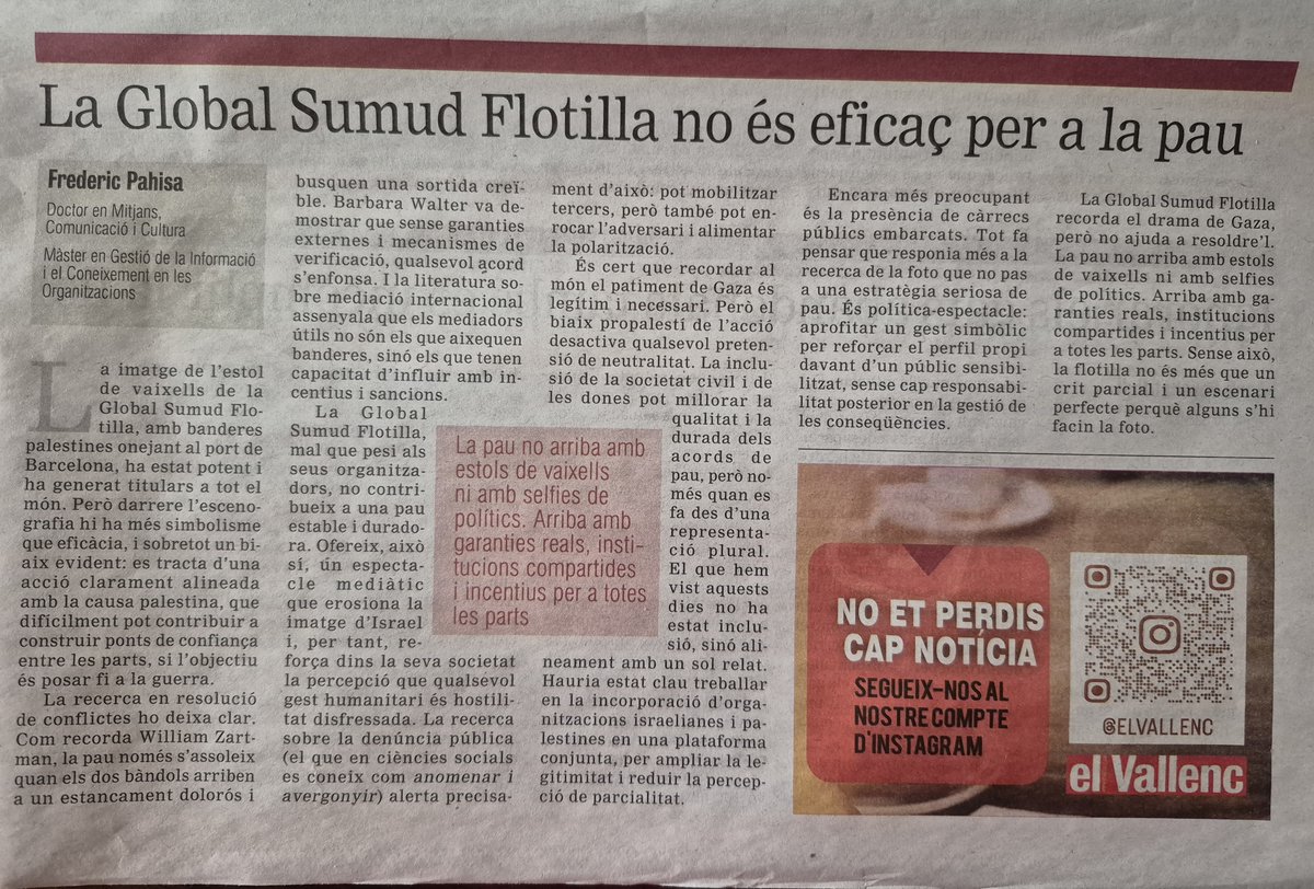 🚢 #GlobalSumudFlotilla: potent en imatge, però ineficaç per a la pau.
📸 Quan l’acció és simbòlica, alineada amb un sol bàndol i utilitzada com a política-espectacle, només reforça la polarització.
Calen garanties, mediadors amb capacitat i inclusió plural.
Article complet 👇