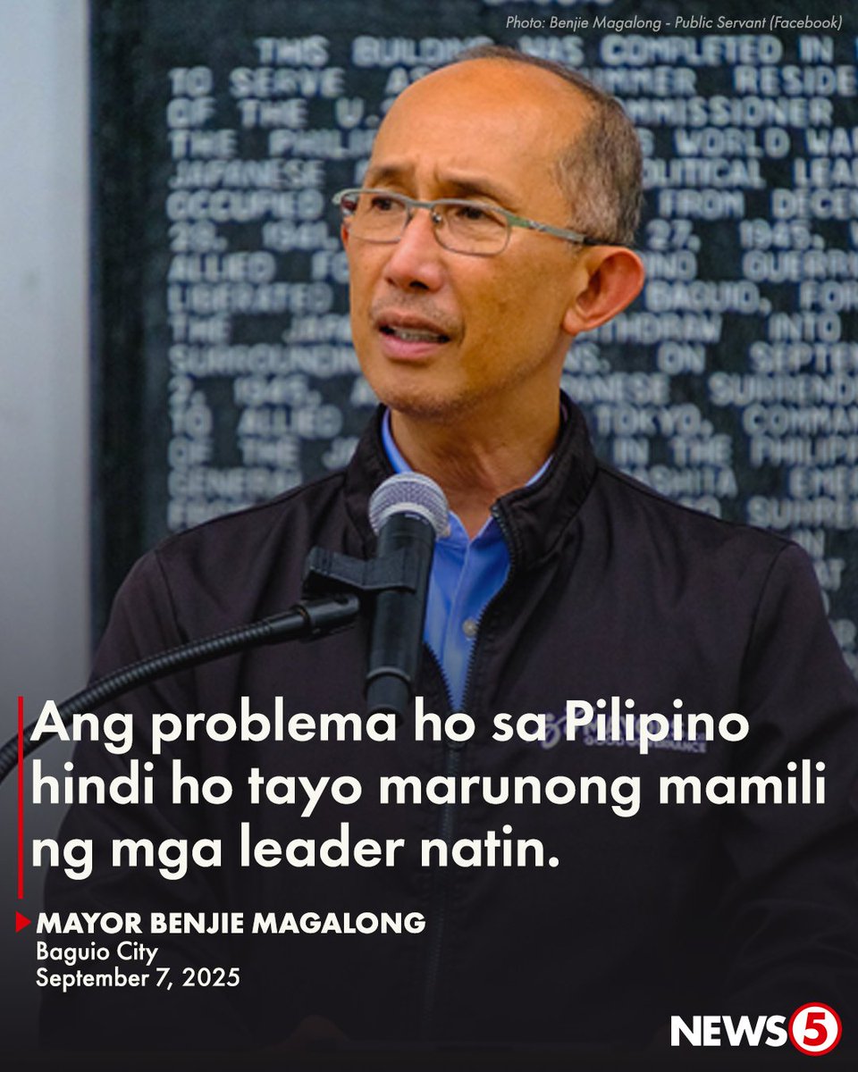 News5PH's tweet photo. 'ANG KORAPSYON AY SYNDICATED AT ORGANIZE CRIME'  

Nanawagan si Baguio City Mayor Magalong na hindi dapat mahinto sa mga contractor ang pag-iimbestiga hinggil sa flood control project sa bansa.  

Ito ay kasunod ng paglutang ng ilang politiko na sangkot sa maanomalyang proyekto.  

"Tandaan ho ninyo masarap ang 'yung pera. 'Yan ho 'yung battlecry ho ng mga korap na politiko: napakasarap ng posisyon, napakasarap ng power, [at] napakasarap ng pera," ani Magalong.