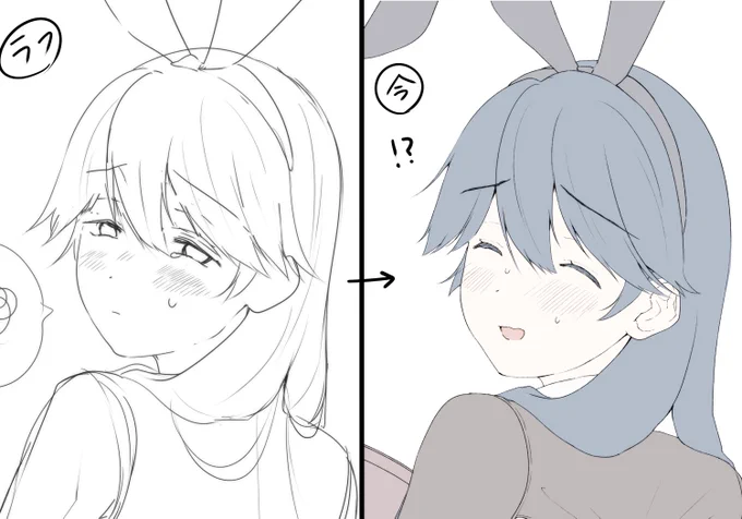 右の表情が好きすぎて、ラフでどんな表情を描いていても気付くと全部この表情になっています。 