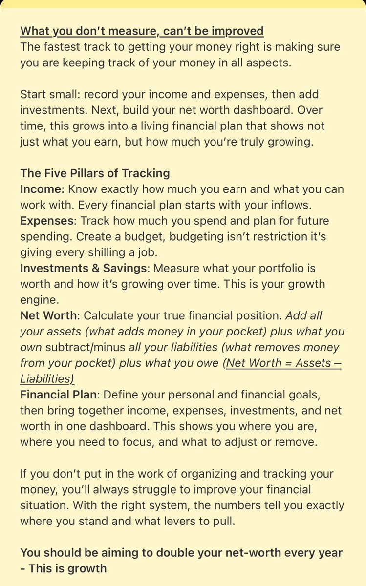 mtucreativity's tweet image. What you don’t measure, you can’t improve.
To build wealth, track every part of your financial life or you’ll be flying blind

5 pillars of tracking Income, Expenses, Investments &amp;amp; Savings, Net Worth and Financial Planning.

Aim to double your net worth every year. That’s what…
