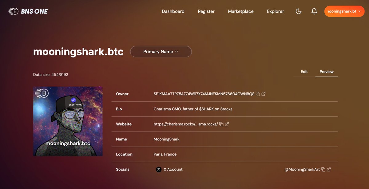 MooningShark.btc (@mooningsharkart) on Twitter photo Gm βοΈ
You can edit your info and links on <a href="/one_bns/">BNS One | Empowering Your Digital Identity</a>, bounded to your domain name
You choose your PFP among your NFTs!
I chose a <a href="/spaghetti_punk/">SpaghettiPunk</a> β¨
All those settings will be useful for dapps, it's already integrated with Lairz, the linktree of <a href="/Stacks/">stacks.btc</a> (made by <a href="/bobby_chizzle/">bobbychizzle.btc</a>) Gm βοΈ
You can edit your info and links on <a href="/one_bns/">BNS One | Empowering Your Digital Identity</a>, bounded to your domain name
You choose your PFP among your NFTs!
I chose a <a href="/spaghetti_punk/">SpaghettiPunk</a> β¨
All those settings will be useful for dapps, it's already integrated with Lairz, the linktree of <a href="/Stacks/">stacks.btc</a> (made by <a href="/bobby_chizzle/">bobbychizzle.btc</a>)