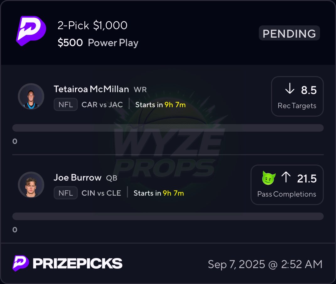 WyzeBets™ (@wyzebets) on Twitter photo 🏈 NFL Night-Owl #2 🦉🌙 IF this parlay cashes I’ll BLESS SOMEONE who LIKES/RT’s
MUST Be Following <a href="/WyzeProps/">WyzeProps</a> ☘️ 
| #PrizePicks | #DFS | #NFL 🏈 NFL Night-Owl #2 🦉🌙 IF this parlay cashes I’ll BLESS SOMEONE who LIKES/RT’s
MUST Be Following <a href="/WyzeProps/">WyzeProps</a> ☘️ 
| #PrizePicks | #DFS | #NFL