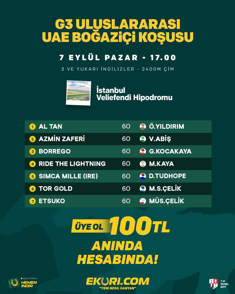 🐎 GÜNÜN YARIŞMASI!

⭐ eküri.com Koşusu, Uluslararası Topkapı Koşusu ve Uluslararası Boğaziçi Koşusu'nu kazanacak atları tahmin et, 1000 TL eküri puan kazan!

Şartlar:
* Üye numaranı yaz.
* Eküri X hesabını takip et.
* Paylaşımı RT yap ve beğen.
*Birden fazla ve