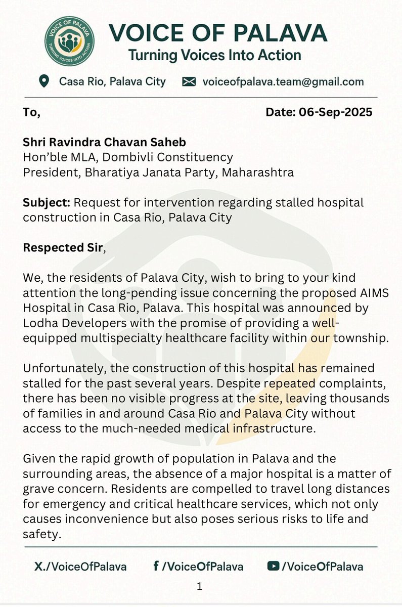 VoiceOfPalava's tweet photo. A hospital is a long-pending need for #CasaRio #PalavaCity.Yesterday, our team submitted a written letter to @RaviDadaChavan Ji, seeking his intervention &amp; support to move this critical project forward.
@LODHA @MPLodha @PalavaTheCity @Dev_Fadnavis @DrSEShinde
@RajeshMore45282 https://t.co/rSZCIbFRkf