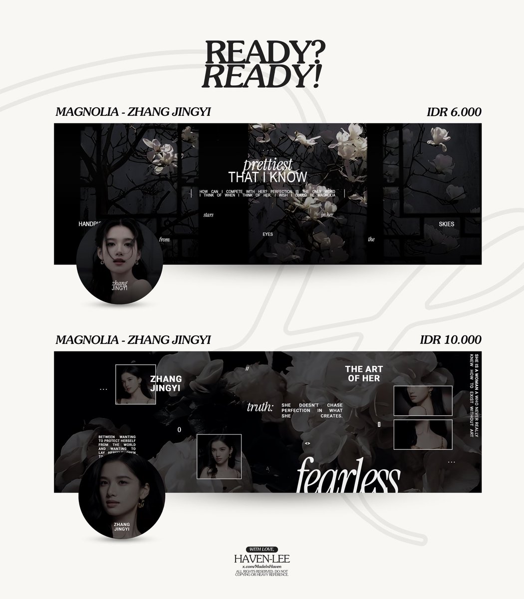 ⠀ ⠀
A repost would be appreciated. 🤍

Hi! Haven ada beberapa layout ready stock dari katalog MAGNOLIA dan DAYDREAM!
👱🏻‍♀️ : Zhou Ye, Zhang Jingyi
🏷️ : Prices on pict
📝 : Free retext
🛍️ : Take via DM

#zonaba #zonauang
⠀ ⠀