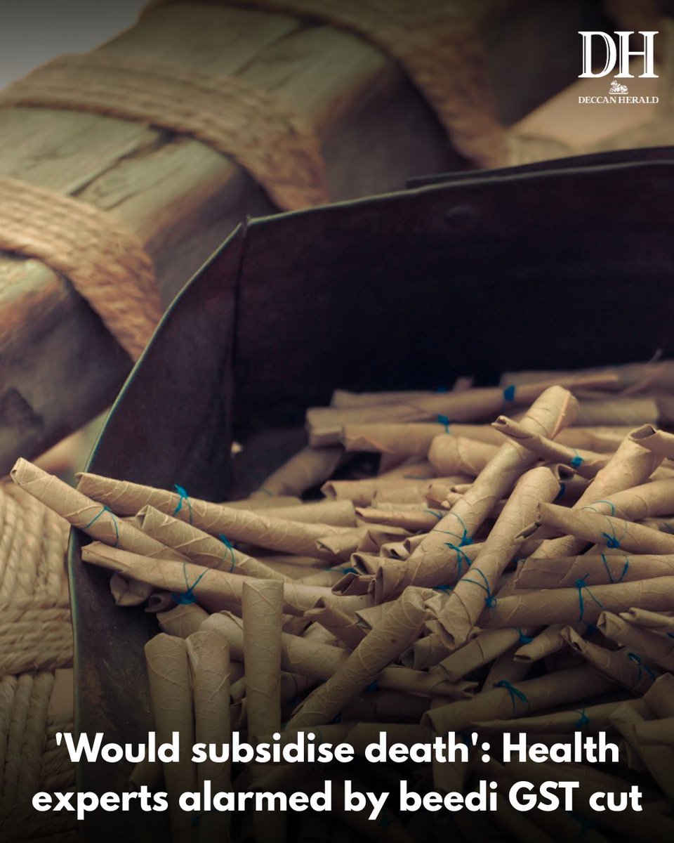 DeccanHerald's tweet photo. Health experts have raised serious concerns over the government's decision to reduce the #GoodsandServicesTax (#GST) on #beedis from 28 per cent to 18 per cent, while other tobacco products remain in the highest 40 per cent slab.

#BusinessNews #Health
https://t.co/34GAyT1klf https://t.co/cjsODPAqz7