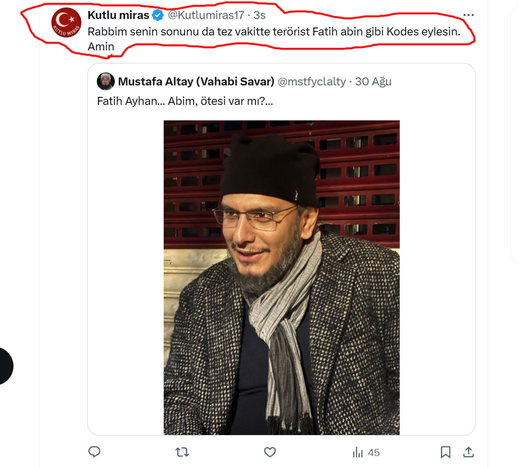 Cübbeli Ahmet Hoca kod adlı BÖLÜCÜnün elebaşı olduğu Cübbeli Ahmet Terör Örgütü {CATÖ} militanı
@Kutlumiras17 adlı hesabın @mstfyclalty gönüldaşımız üzerinden Fatih Ayhan gönüldaşımız hakkında duası!! Bunlar Müslüman bunlar Tarikatlı!! Allah {C.C.} sizi kahru perişan eylesin.amin