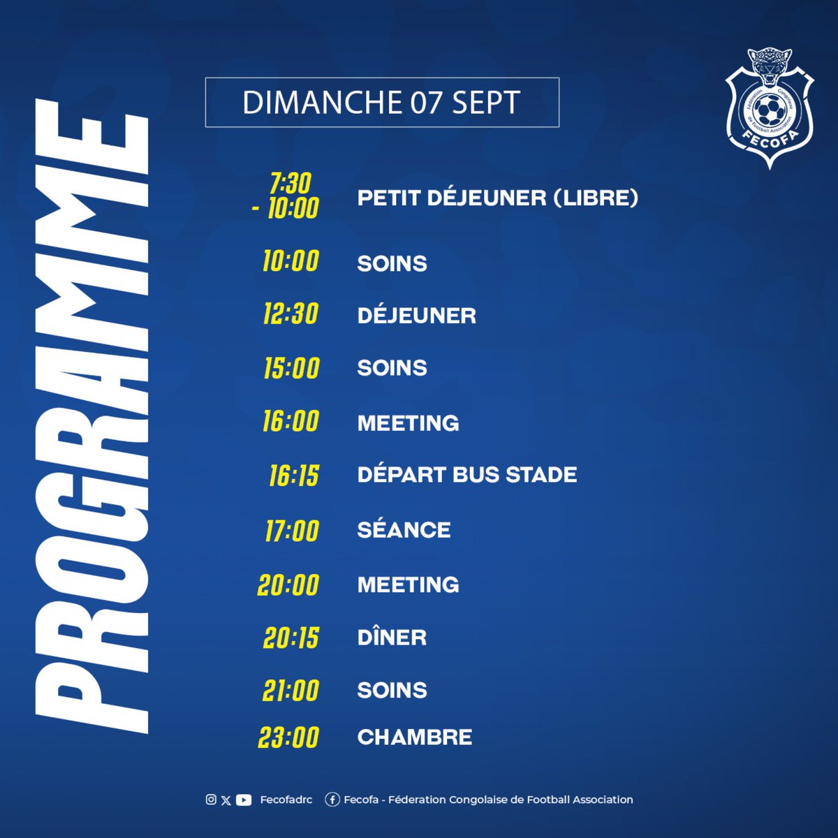 [📅 𝐏𝐑𝐎𝐆𝐑𝐀𝐌𝐌𝐄 𝐃𝐔 𝐉𝐎𝐔𝐑 🐆]

ℹ️ Ce dimanche à Kinshasa, nos Léopards reprennent le travail.

👉 Une première séance d’entraînement est prévue cet après-midi au Stade des Martyrs, dans le cadre de la préparation de la rencontre tant attendue face au Sénégal ce mardi.