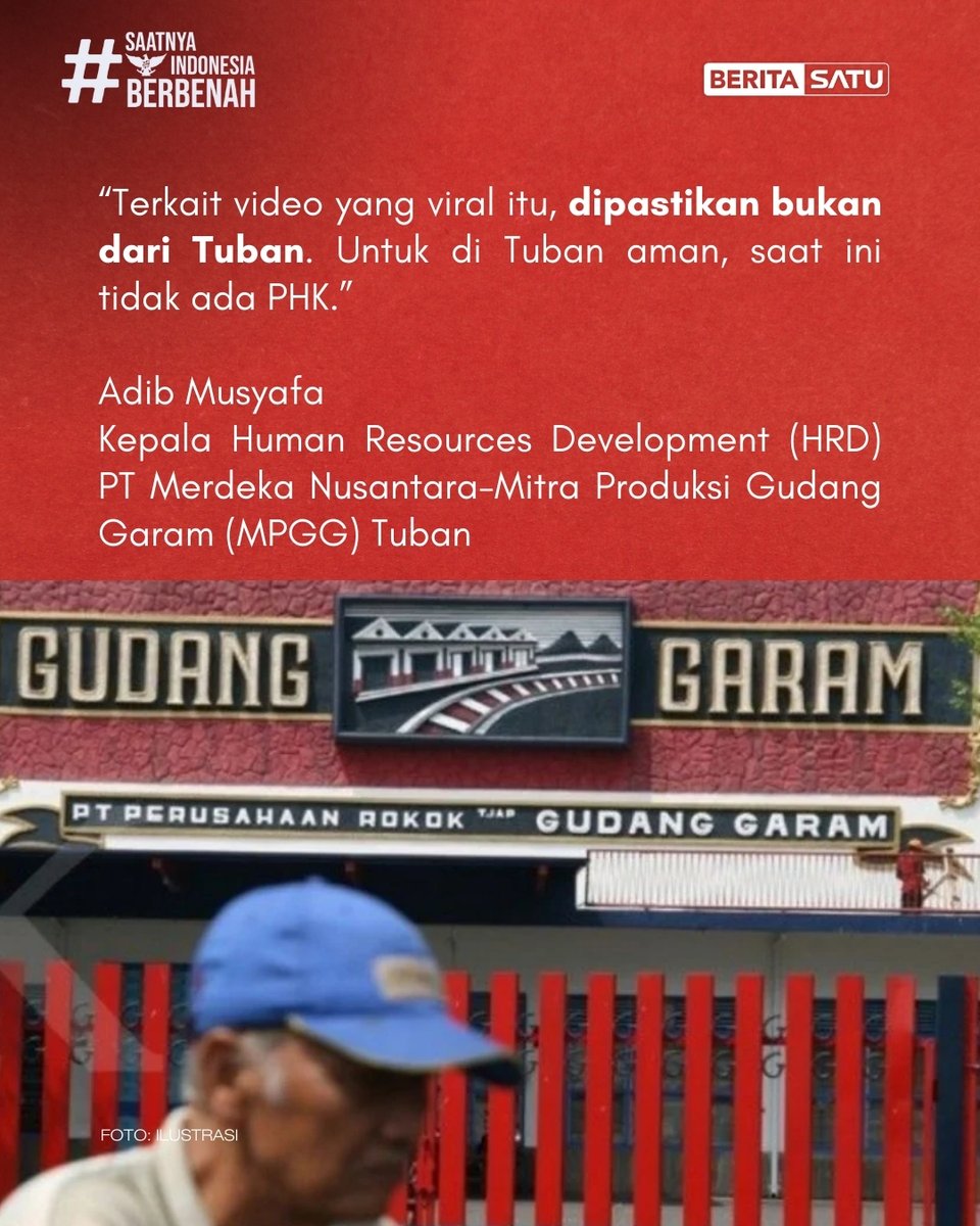 Beritasatu's tweet photo. Gudang Garam Tuban pastikan aman. Isu PHK massal yang viral di medsos dipastikan hoaks.
Update berita selengkapnya di https://t.co/KR6X4XL0d4, Beritasatu TV & YouTube BeritaSatu!
#GudangGaram #PHKMassal #VideoHoaks #BeritaSatu https://t.co/B75W7cGd1T