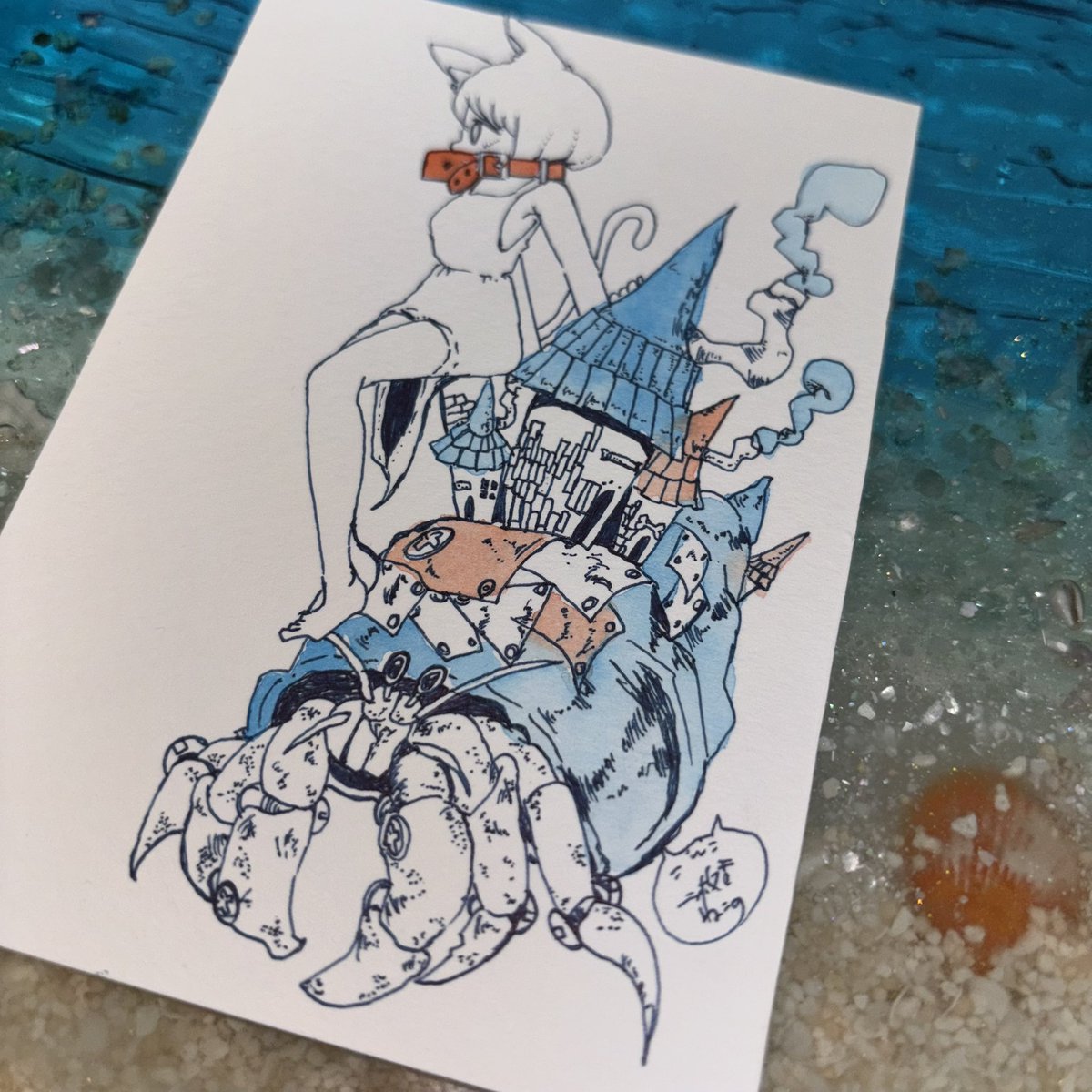 メロン色に染まった三日月　(size ポストカード) 水彩画　原画 メロン色に染まった三日月 (size ポストカード) 水彩画 原画