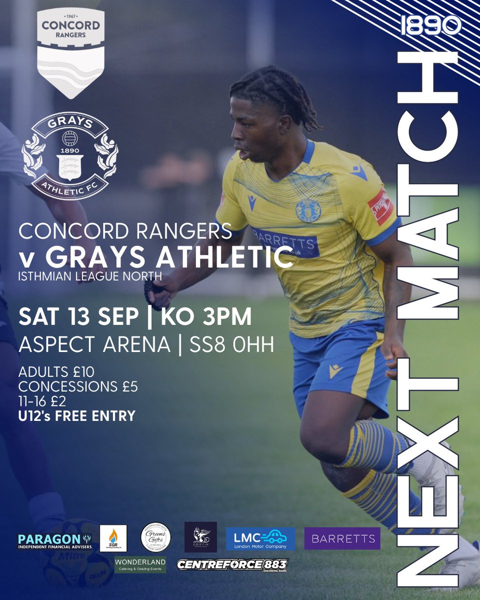 Grays Athletic Football Club (@graysathleticfc) on Twitter photo NEXT UP: Concord Rangers v GRAYS ATHLETIC
Grays Athletic return to League action this coming Saturday as they take on <a href="/ConcordRangers/">Concord Rangers FC</a>  in the <a href="/IsthmianLeague/">The Pitching In Isthmian League</a>  North.
We look forward to seeing you all at the match.
#UpTheAth 
ISTHMIAN LEAGUE NORTH
Concord Rangers v Grays NEXT UP: Concord Rangers v GRAYS ATHLETIC
Grays Athletic return to League action this coming Saturday as they take on <a href="/ConcordRangers/">Concord Rangers FC</a>  in the <a href="/IsthmianLeague/">The Pitching In Isthmian League</a>  North.
We look forward to seeing you all at the match.
#UpTheAth 
ISTHMIAN LEAGUE NORTH
Concord Rangers v Grays