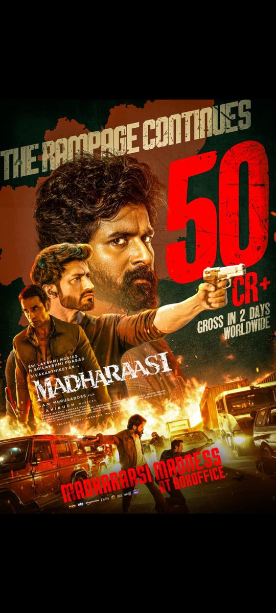 Our #KingSK is UNSTOPPABLE at the BOX-OFFICE ❤️‍🔥

#Madharaasi Rampage Continues 🥵

• 50 CR+ WW gross in 2 days 💥

#MadharaasiBlockbuster
