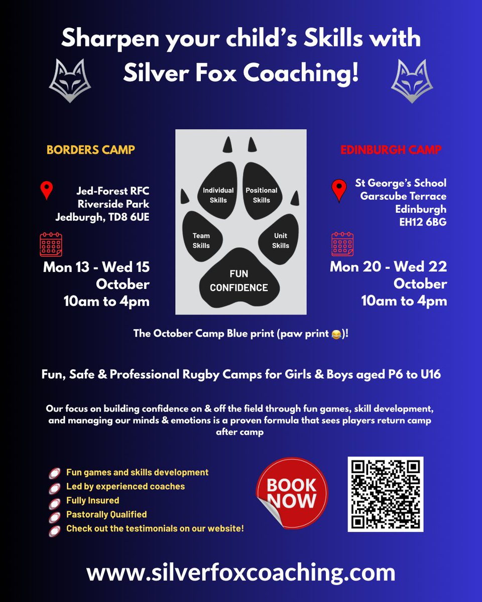 Join us at our rugby camps in Jedburgh &amp; Edinburgh this October!

Loads of fun and loads of time on task to perfect your skills 🏉

#silverfoxcoaching #rugby #rugbycamp